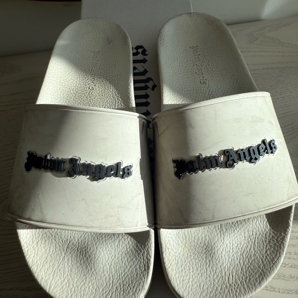 Palm Angels Beige/Black Logo Pool Slides